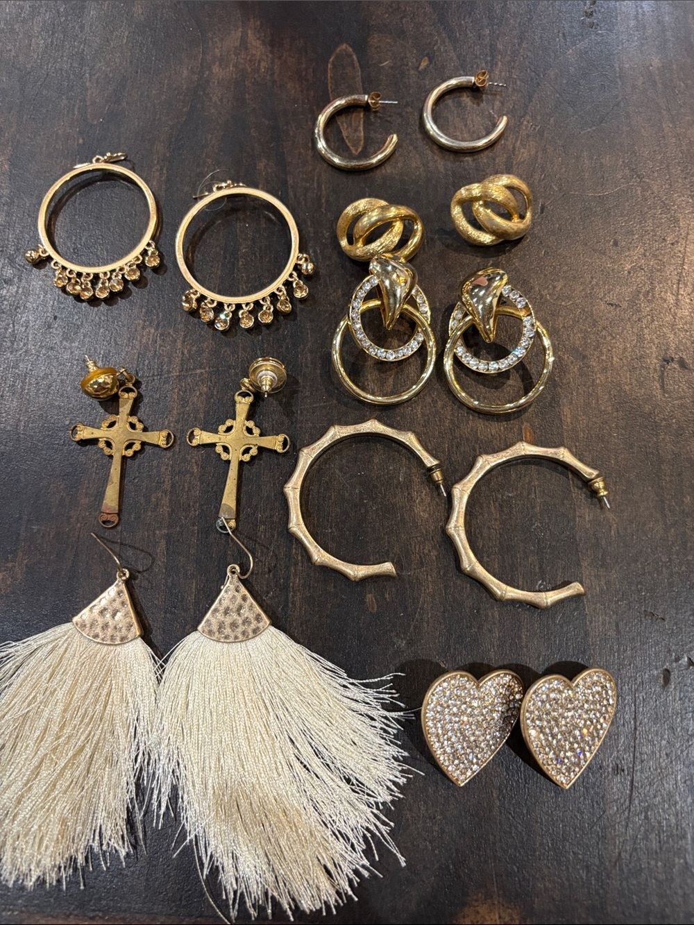 Gold-Tone Mixed Earrings Set - Tassel, Hoop, Heart & Cross Styles